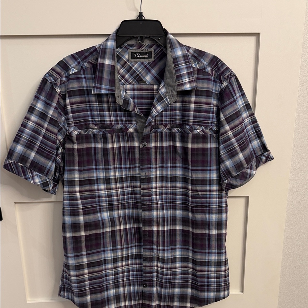 7 Diamonds Blue, Gray and Purple Plaid Casual Shirt